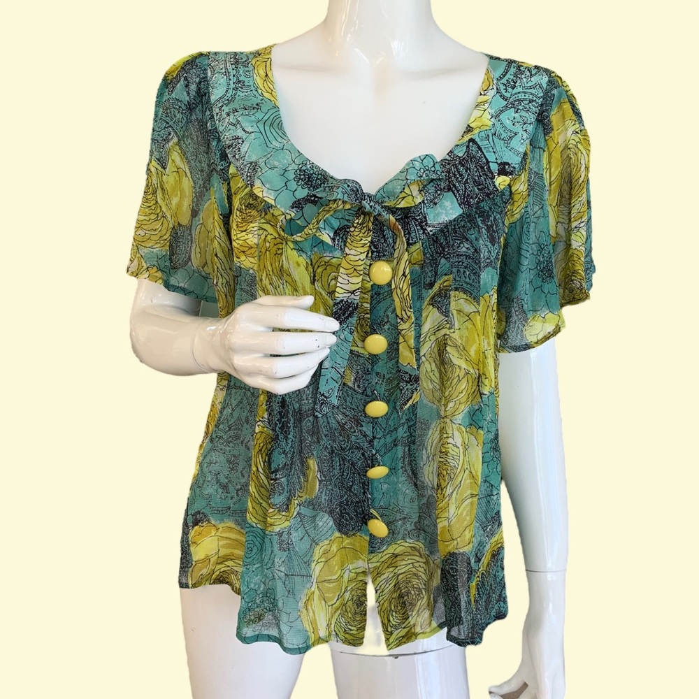 Vintage Nanette Lepore Silk Teal and Yellow Floral Blouse